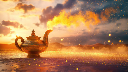 A beautifully crafted magic lamp emits golden smoke amidst a breathtaking sunset in a tranquil desert setting, embodying the essence of fantasy and wonder.の素材