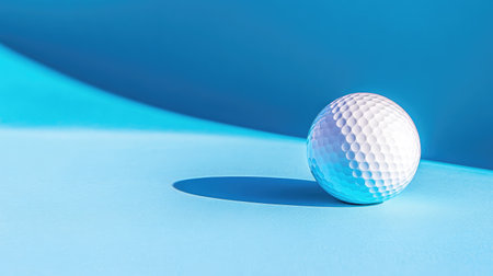 A close-up image of a golf ball sitting on a smooth blue background, creating a serene and minimalist aesthetic; ideal for sports and leisure themes.の素材