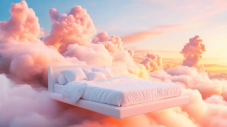 A surreal scene featuring a pristine bed floating among soft, fluffy clouds at sunrise, creating an atmosphere of peace and tranquility. Ideal for dreamlike concepts.の素材