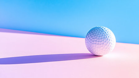 A striking image of a white golf ball placed on a minimalist surface featuring a pink and blue background. The soft shadows create a dynamic visual effect.の素材