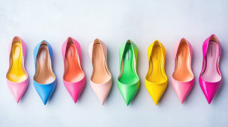 A stunning array of high heels in vibrant colors showcases elegance and style. This image highlights unique footwear design ideal for fashion lovers.の素材