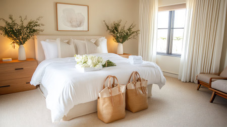 Discover a serene bedroom featuring elegant decor, soft lighting, fresh flowers, and a minimalist style, perfect for relaxation and comfort.の素材