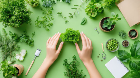 Two hands gently hold a lush green plant surrounded by various herbs, gardening tools, and seeds on a vibrant green surface, evoking a sense of growth and tranquility.の素材