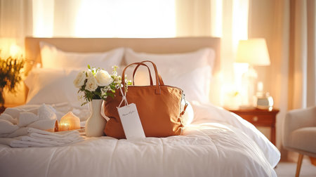 A warm and inviting bedroom scene featuring an elegant bag, fresh flowers, and soft bedding. Perfect for lifestyle photography emphasizing comfort and style.の素材