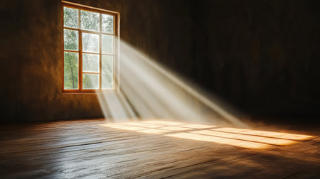 An empty room features a window through which sunlight streams, casting serene light and shadow patterns across the wooden floor, creating a tranquil atmosphere.の素材