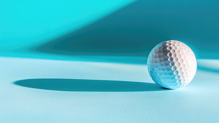 A striking image of a white golf ball placed on a vibrant blue surface, showcasing soft shadows and elegant lighting effects, perfect for sports themes.の素材
