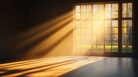 A serene scene showcases sunlight streaming through a large window in an empty room, illuminating the wooden floor with warm tones and gentle shadows.の素材