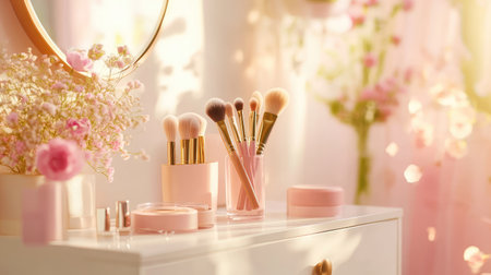 A serene makeup vanity adorned with soft pastel colors, featuring brushes and flowers, illuminated by warm natural light, creating an inviting beauty scene.の素材