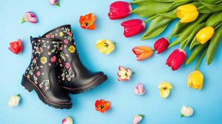 A pair of stylish floral rain boots placed on a vibrant blue background, complemented by fresh tulips and flower petals, perfect for spring-themed designs.の素材