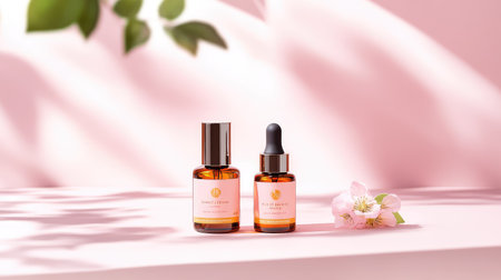 A captivating arrangement of skin care products featuring a serum and moisturizer on a soft pink background, enhanced by greenery and a delicate flower.の素材