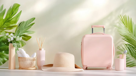 A serene travel scene featuring a pastel suitcase, a stylish hat, decorative plants, and essential vacation items, perfect for holiday inspiration.の素材