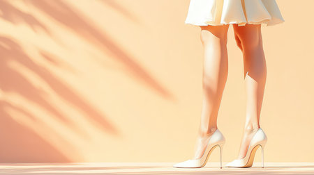 This image captures the elegance of a woman's legs wearing stylish high heels, set against a soft peach background, exuding modern fashion and femininity.の素材