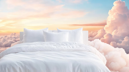 A serene bedroom scene featuring a cozy bed adorned with fluffy pillows and a blanket, set against a dreamy cloud background during sunset.の素材