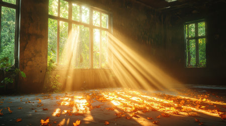 Sunlight floods an abandoned room, illuminating fallen leaves on the floor. Nature reclaims space, creating a serene and tranquil atmosphere.の素材