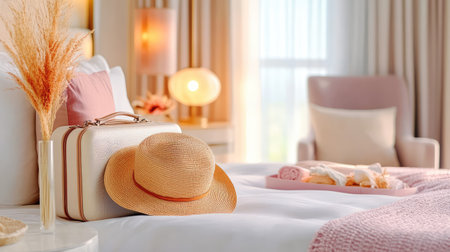 A beautifully styled bedroom featuring a cozy white bed adorned with pastel pillows, a suitcase and a sun hat, creating a serene travel atmosphere.の素材