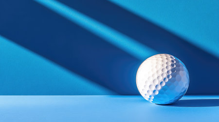 A stunning white golf ball rests on a smooth blue surface, casting striking shadows that enhance its texture, perfect for modern sports-themed designs.の素材