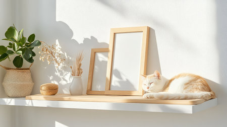 A serene wooden shelf displays houseplants and empty picture frames while a relaxed cat basks in the warm sunlight, creating a tranquil home scene.の素材