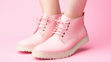 This stylish image features pink boots against a light pink background, perfect for showcasing trendy footwear in fashion campaigns or lifestyle branding.の素材