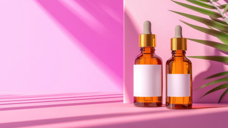 This image features two amber glass dropper bottles elegantly placed against a vibrant pink backdrop. The scene captures soft shadows and botanical details.の素材