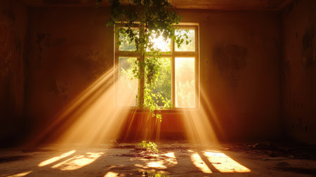 This captivating image captures sunlight pouring through a dusty window, illuminating an abandoned room amidst natureの素材