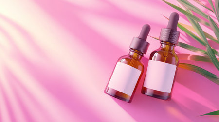Two elegant serum bottles with blank labels are arranged on a soft pink background, accented by gentle leaf shadows, perfect for beauty and wellness themes.の素材