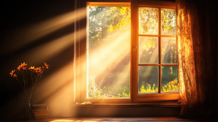 Golden sunlight pours through a window with delicate floral curtains, illuminating a peaceful indoor space and revealing a vibrant outdoor garden scene.の素材