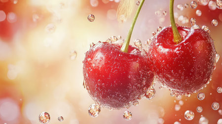 Two ripe red cherries are depicted with glistening water drops against a soft focus background, symbolizing freshness and flavor ideal for food photography.の素材