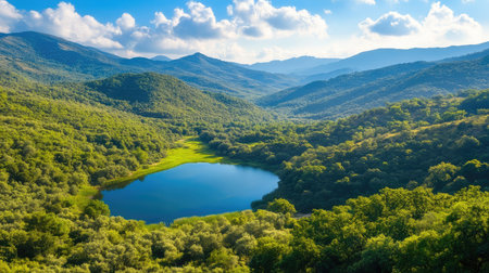 Stunning view of a peaceful mountain landscape featuring a serene lake reflecting the sky, surrounded by lush greenery and distant hills.の素材