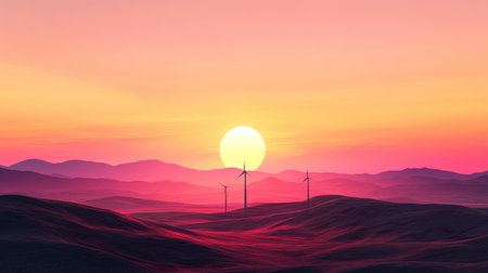 This breathtaking image features a vibrant sunset over rolling hills, with wind turbines standing gracefully against a colorful sky, symbolizing renewable energy.の素材