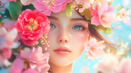 A stunning portrait of a young woman adorned with vibrant flowers, showcasing her natural beauty and serene expression against a soft focus background.の素材