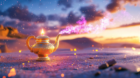 A stunning golden lamp exuding alluring magical smoke set against a vibrant sunset in a serene desert landscape, inviting wonder and imagination.の素材
