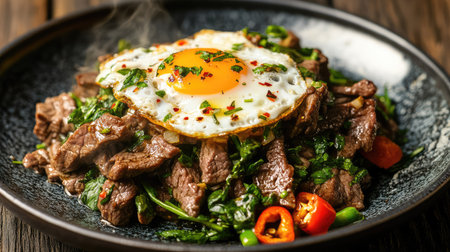A savory dish featuring tender stir-fried beef topped with a sunny-side-up egg, fresh spinach, and bright chili, creating a flavorful meal.の素材