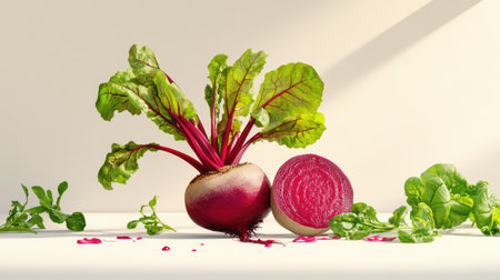 A vibrant beetroot with lush green leaves stands proudly beside a freshly cut slice, showcasing its rich color and nutritious appeal. Perfect for culinary use.の素材