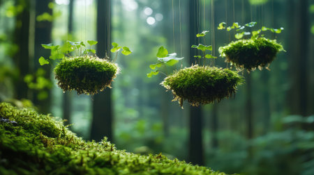 This enchanting image captures lush green floating moss balls in a serene forest, illuminated by soft sunlight, creating a tranquil and magical natural atmosphere.の素材