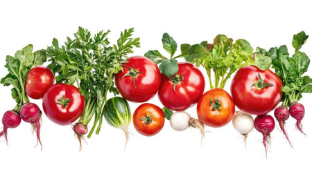 A beautiful display of assorted fresh vegetables including vibrant tomatoes, crunchy radishes, and green leafy herbs, perfect for healthy recipes.の素材