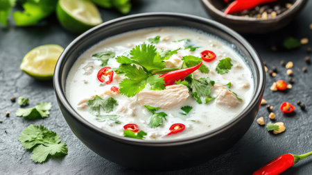 A vibrant bowl of creamy coconut chicken soup showcases fresh herbs and spices, garnished with chili and cilantro, perfect for a comforting meal.の素材
