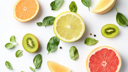 A vibrant assortment of fresh citrus fruits including orange, lemon, grapefruit, and kiwi paired with green basil leaves, perfect for healthy dishes.の素材