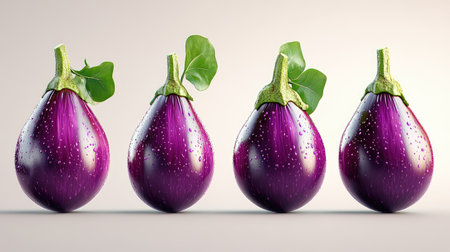 A stunning display of fresh purple eggplants, glistening with water droplets, arranged neatly against a light background, emphasizing freshness and quality.の素材