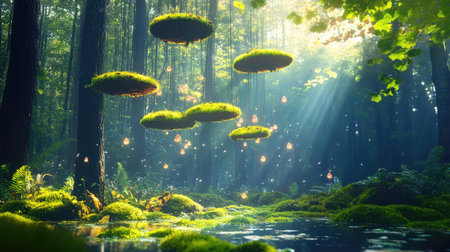 Discover a magical forest scene filled with floating landscapes, soft light filtering through trees, and serene reflections in tranquil waters.の素材