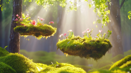 Discover a serene forest glade featuring enchanting floating islands adorned with vibrant flowers. The scene is illuminated by soft sunlight, creating a magical atmosphere perfect for nature lovers and dreamers.の素材