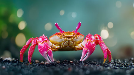 This stunning close-up features a vibrant pink crab with distinct details on a sandy shore, elegantly suited against a soft bokeh background.の素材