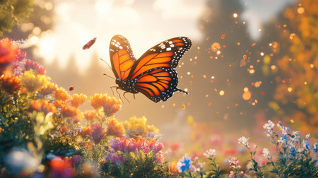 A stunning monarch butterfly gracefully flutters over a vibrant field of colorful flowers, capturing the essence of natureの素材