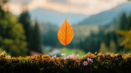 This captivating image features a single golden leaf floating above a lush green landscape, surrounded by delicate flowers and distant mountains.の素材