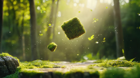 This enchanting scene captures floating green cubes surrounded by soft sunlight filtering through a lush forest, evoking a sense of magic and serenity.の素材