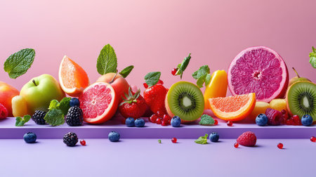 A stunning display of various fruits including citrus, berries, and apples, arranged beautifully on a vibrant background, perfect for healthy lifestyle imagery.の素材