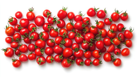 A vibrant display of fresh cherry tomatoes arranged on a clean white background. Perfect for concepts related to healthy eating, cooking, and nutrition.の素材