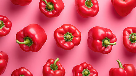 A vibrant arrangement of fresh red bell peppers on a lively pink background, perfect for illustrating healthy eating, cooking, and vibrant meal preparations.の素材