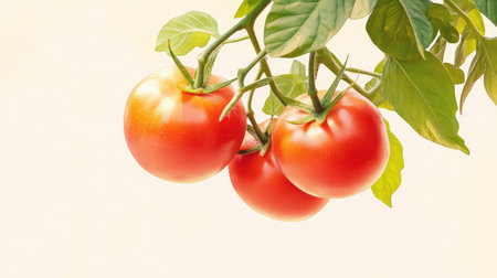 This image features vibrant red tomatoes hanging from a vine, surrounded by lush green leaves, creating a visually appealing scene ideal for culinary use and gardening projects.の素材