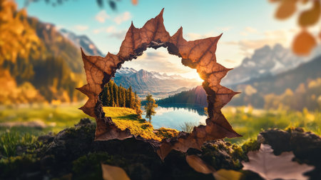 This captivating autumn landscape showcases a stunning view framed by colorful leaves, revealing sparkling water, majestic mountains, and lush trees under a radiant sky.の素材