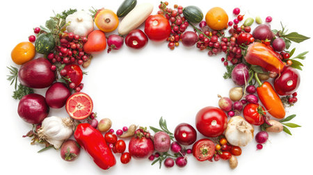 This vibrant arrangement showcases a variety of fresh fruits and vegetables in a circular design, perfect for promoting health and nutrition.の素材